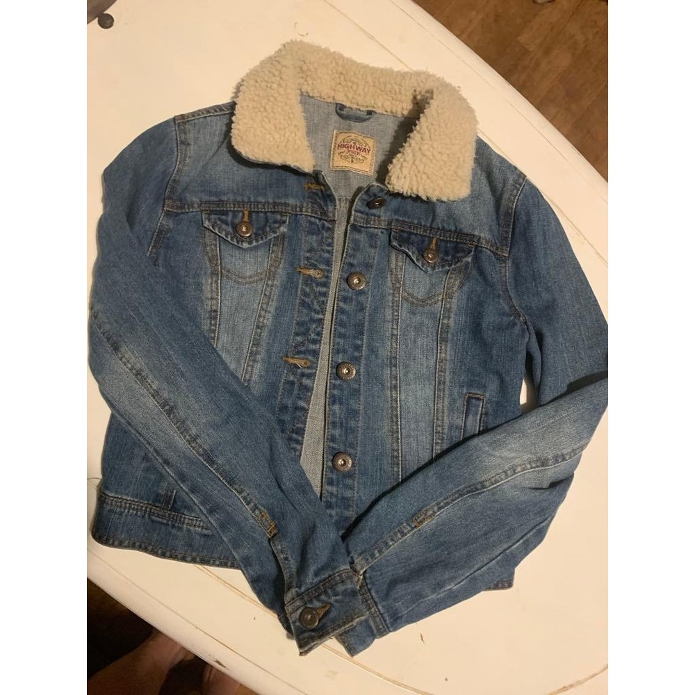 Highway Jeans Denim Jacket Sherpa Collar Button Front Blue Jean Sz S